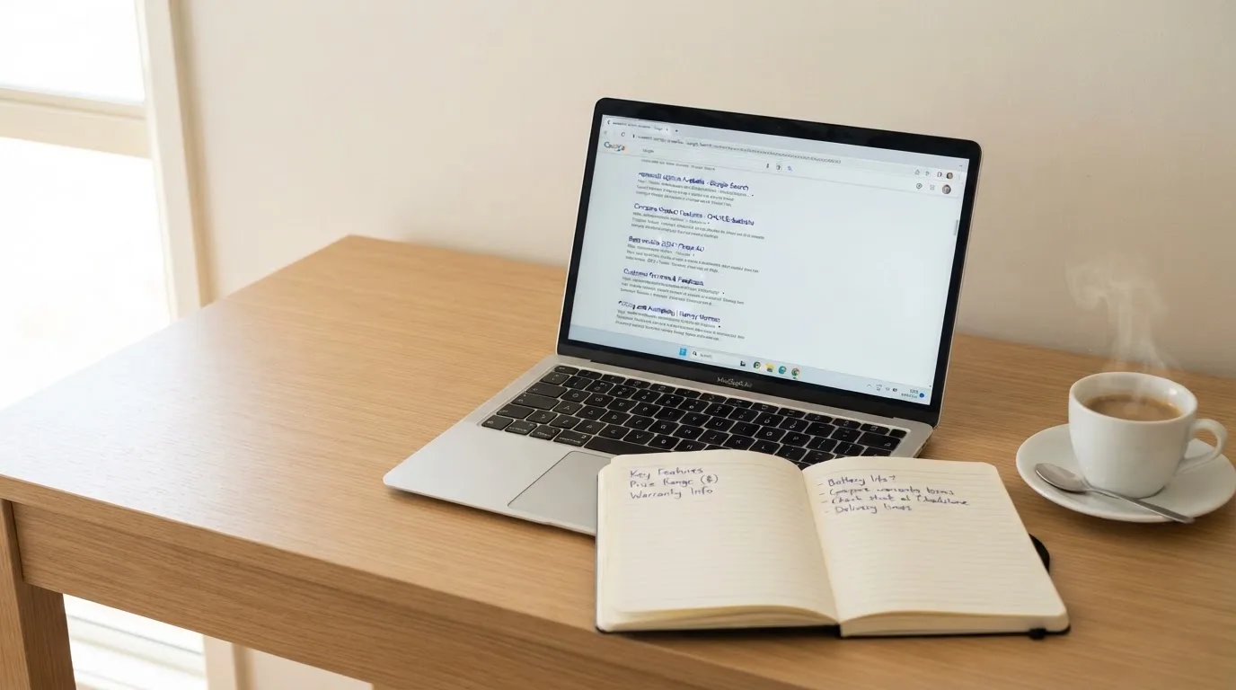 A tidy desk with a laptop open on a plain search-results page, a notebook and a coffee cup beside it, no screens showing any casino branding.