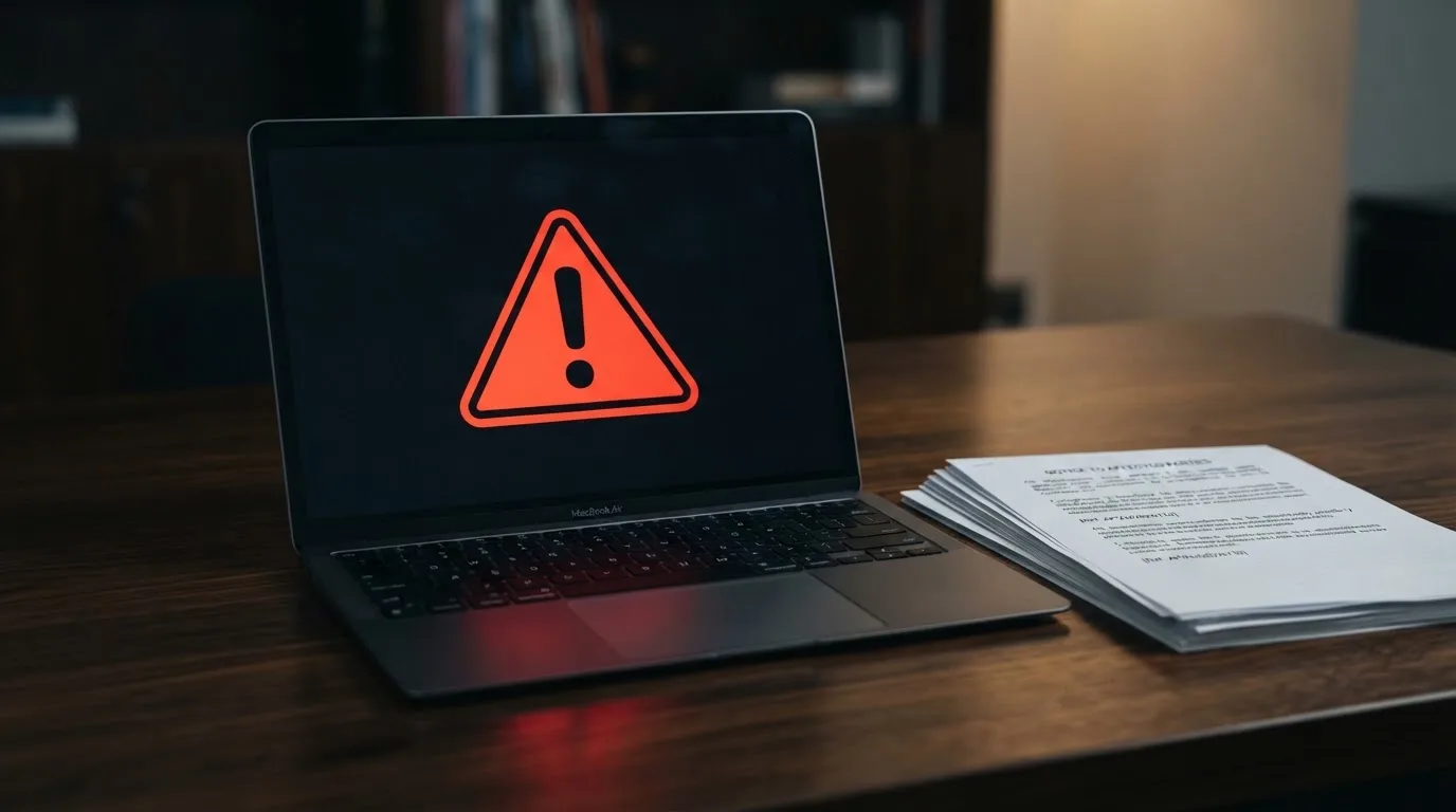 A red triangular warning sign icon on a laptop screen next to a stack of legal papers, symbolising an official caution rather than any specific website.