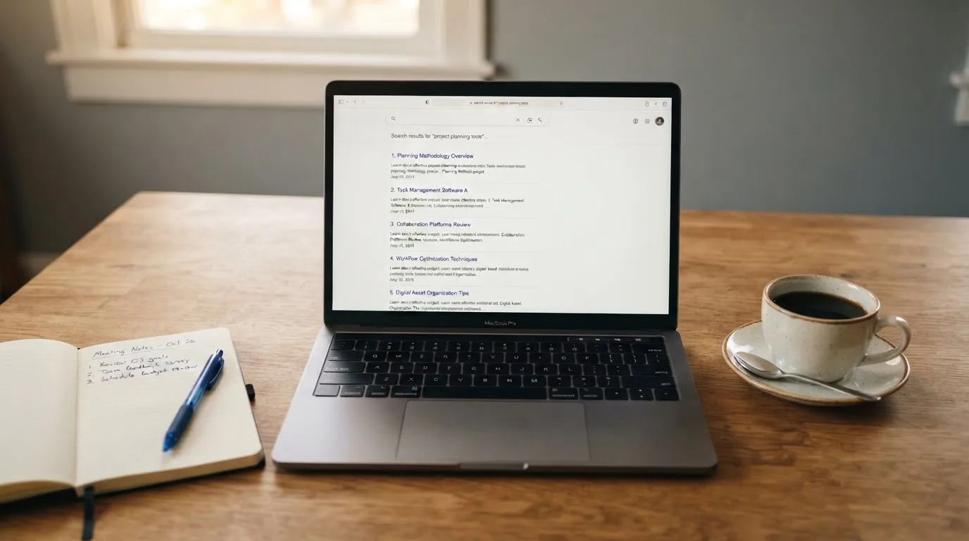 A tidy desk with a laptop open on a plain search-results page, a notebook and a coffee cup beside it, no screens showing any casino branding.