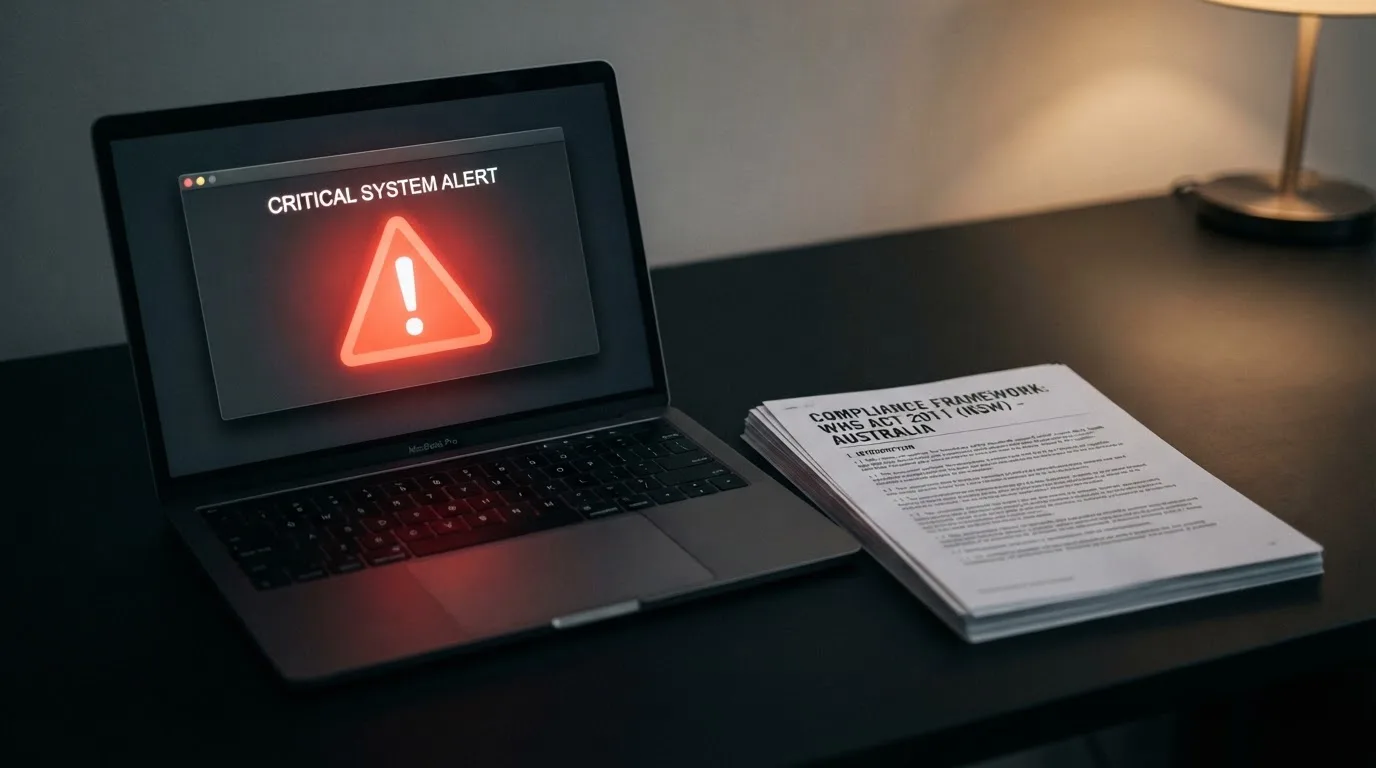 A red triangular warning sign icon on a laptop screen next to a stack of legal papers, symbolising an official caution rather than any specific website.