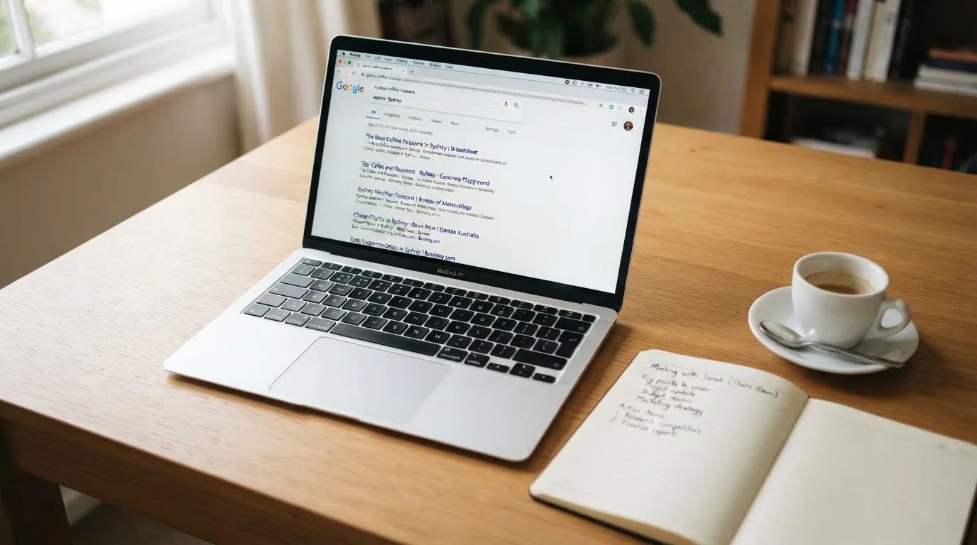 A tidy desk with a laptop open on a plain search-results page, a notebook and a coffee cup beside it, no screens showing any casino branding.