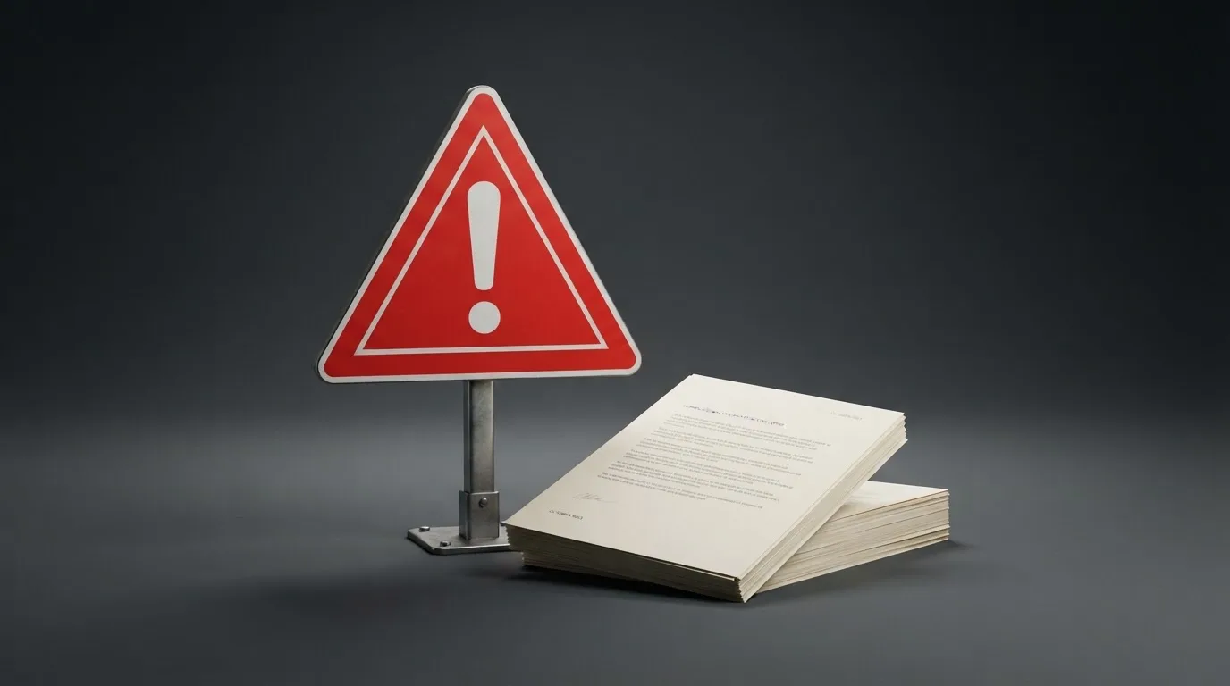 A red triangular warning sign icon on a laptop screen next to a stack of legal papers, symbolising an official caution rather than any specific website.