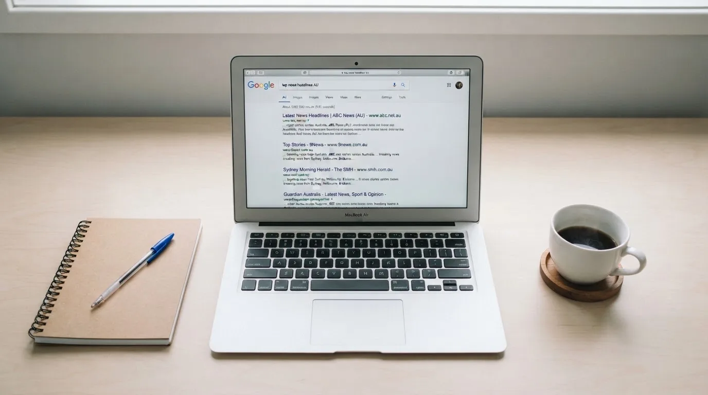 A tidy desk with a laptop open on a plain search-results page, a notebook and a coffee cup beside it, no screens showing any casino branding.