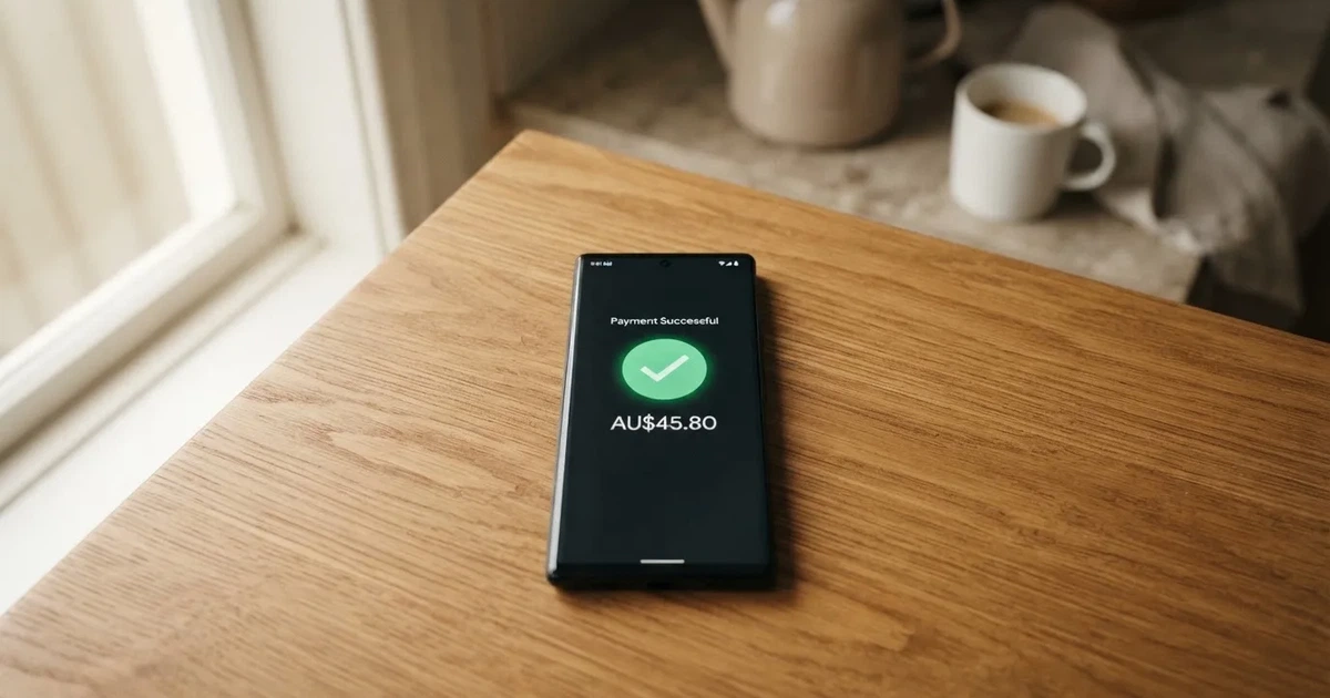 A smartphone screen showing a generic bank-transfer confirmation tick, held over a kitchen table.
