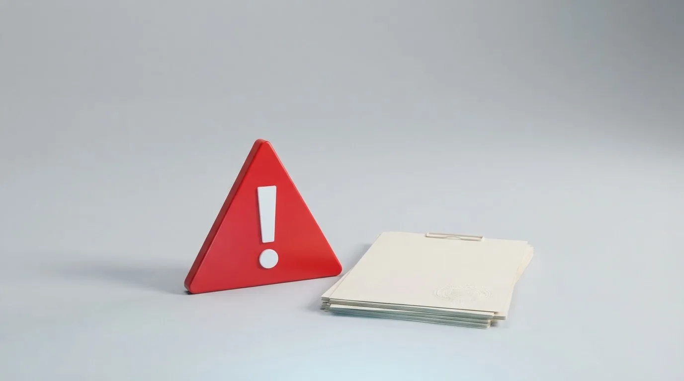 A red triangular warning sign icon on a laptop screen next to a stack of legal papers, symbolising an official caution rather than any specific website.