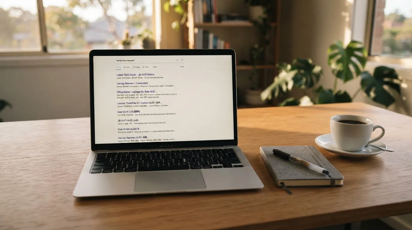 A tidy desk with a laptop open on a plain search-results page, a notebook and a coffee cup beside it, no screens showing any casino branding.