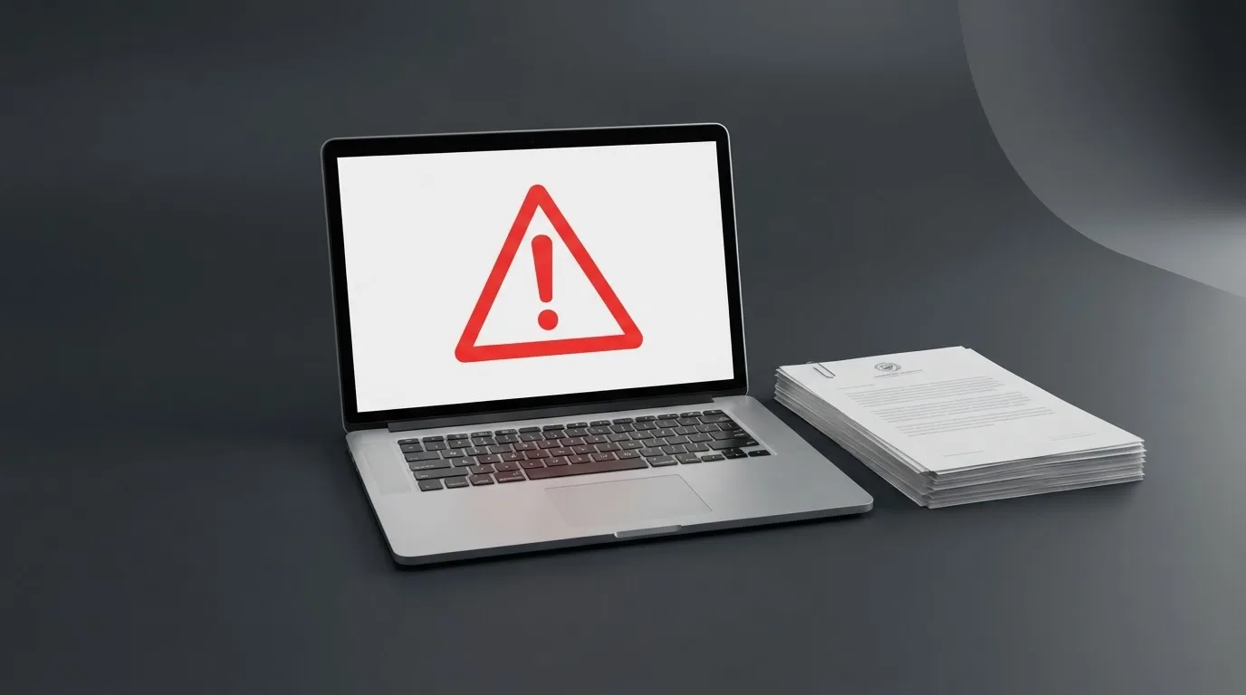 A red triangular warning sign icon on a laptop screen next to a stack of legal papers, symbolising an official caution rather than any specific website.