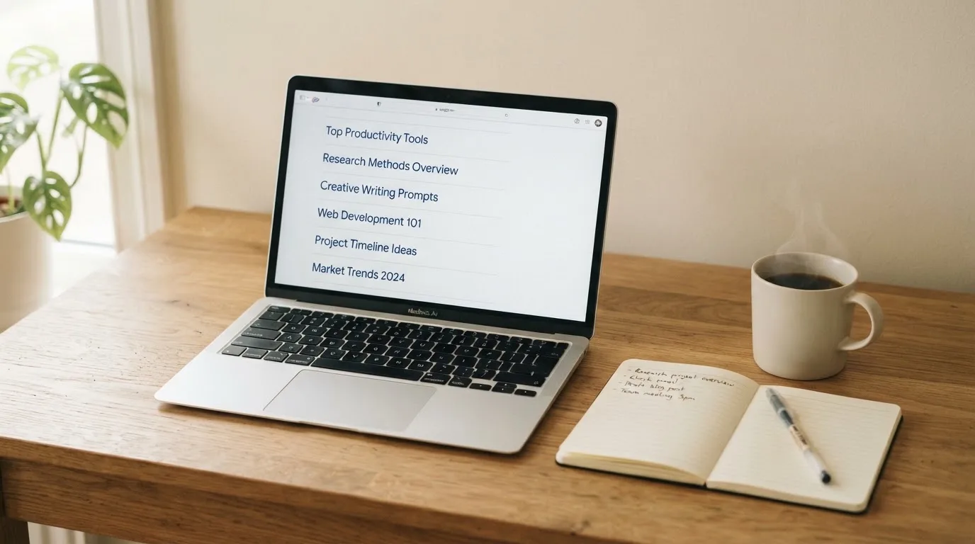 A tidy desk with a laptop open on a plain search-results page, a notebook and a coffee cup beside it, no screens showing any casino branding.