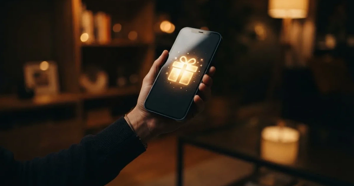 A gift box icon glowing on a phone screen, held at arm's length, suggesting an unopened offer rather than an active game.