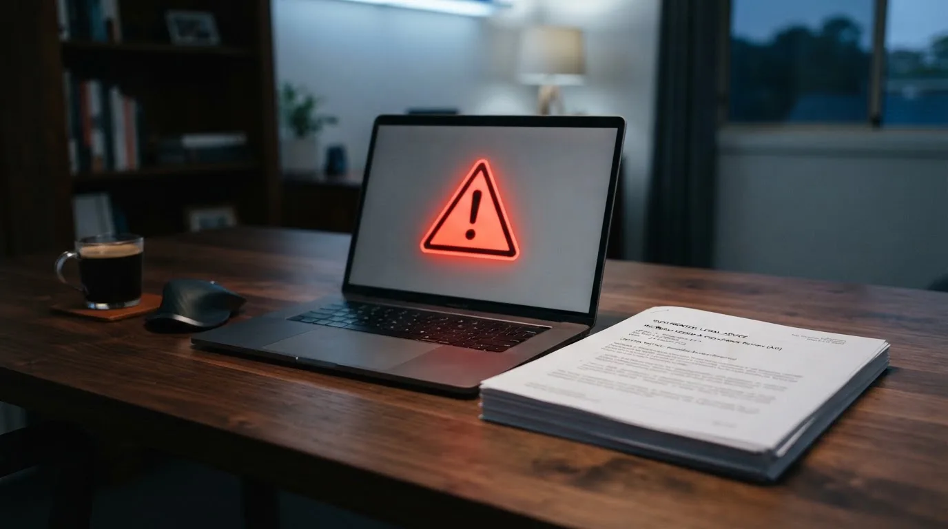 A red triangular warning sign icon on a laptop screen next to a stack of legal papers, symbolising an official caution rather than any specific website.