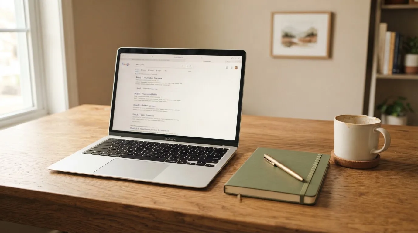 A tidy desk with a laptop open on a plain search-results page, a notebook and a coffee cup beside it, no screens showing any casino branding.
