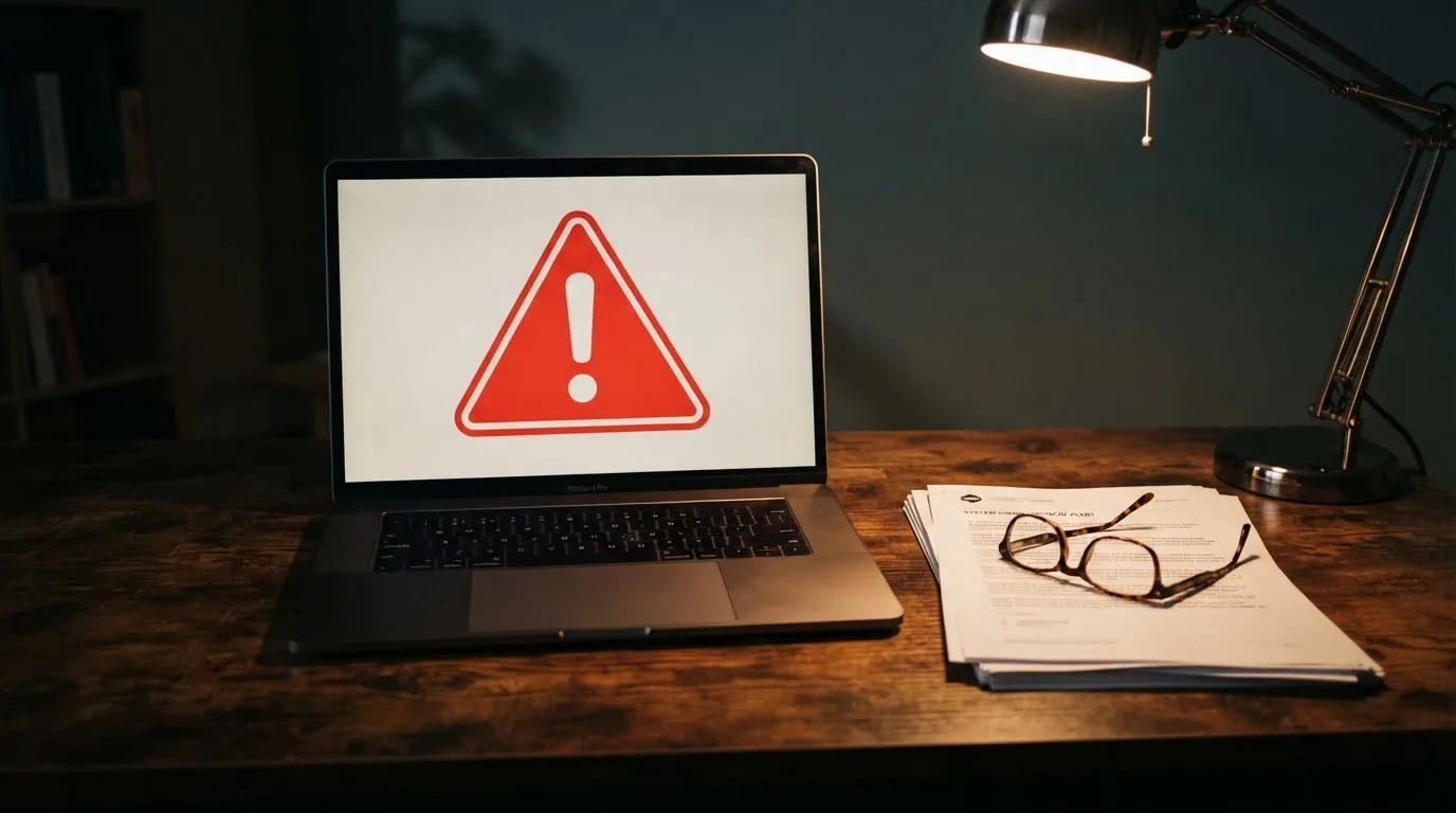 A red triangular warning sign icon on a laptop screen next to a stack of legal papers, symbolising an official caution rather than any specific website.