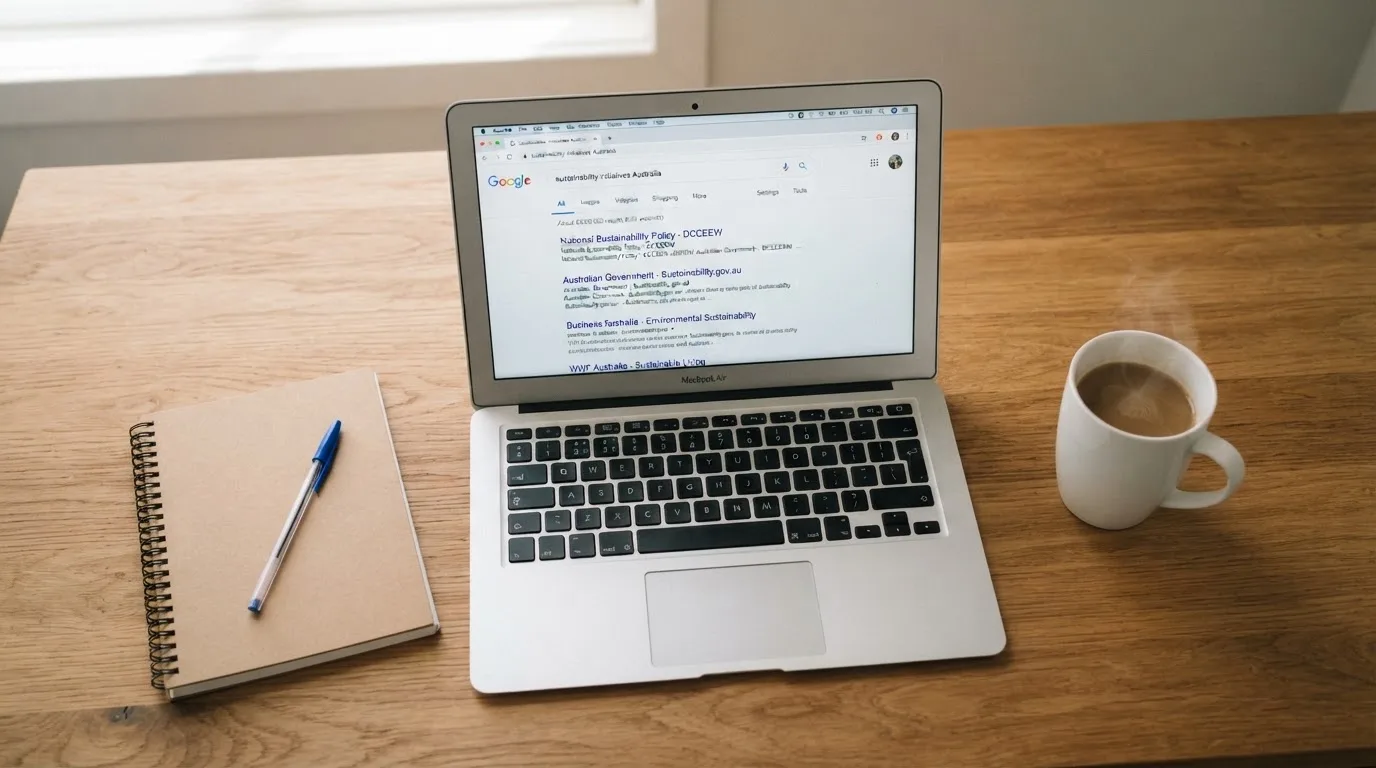 A tidy desk with a laptop open on a plain search-results page, a notebook and a coffee cup beside it, no screens showing any casino branding.