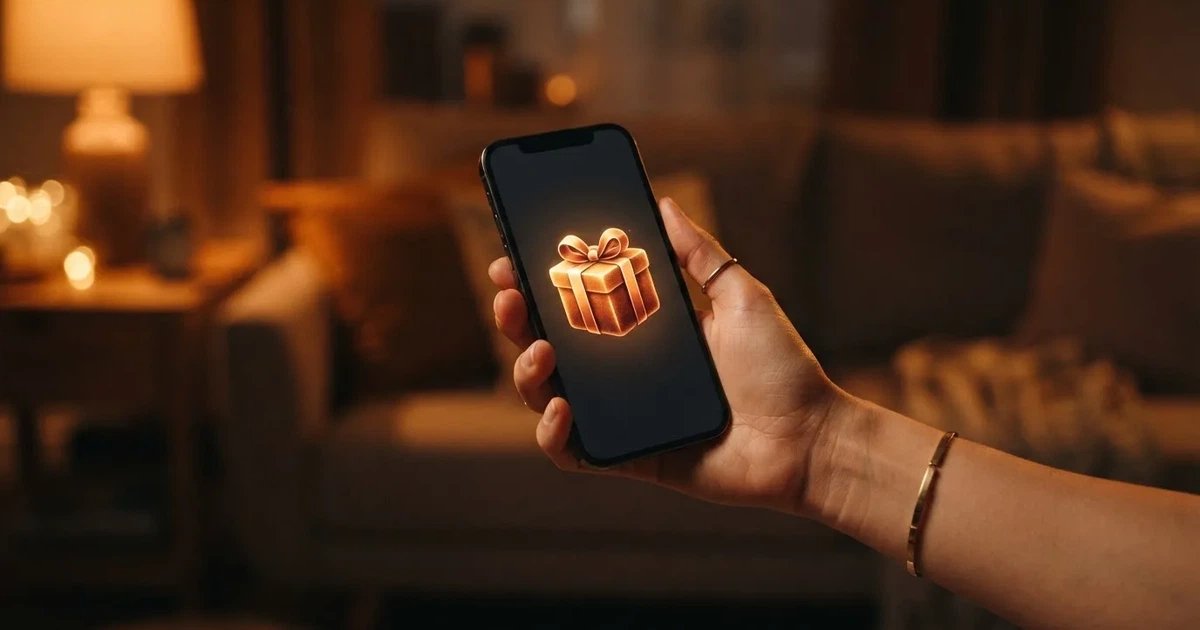 A gift box icon glowing on a phone screen, held at arm's length, suggesting an unopened offer rather than an active game.
