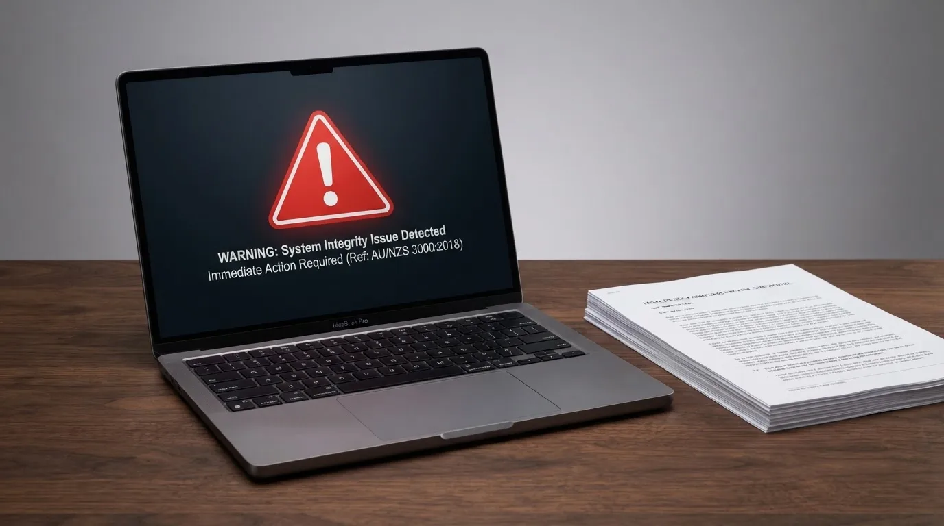 A red triangular warning sign icon on a laptop screen next to a stack of legal papers, symbolising an official caution rather than any specific website.