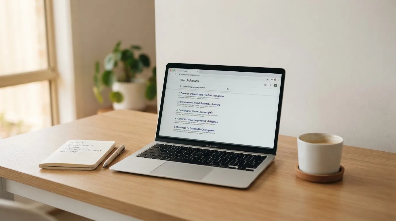 A tidy desk with a laptop open on a plain search-results page, a notebook and a coffee cup beside it, no screens showing any casino branding.