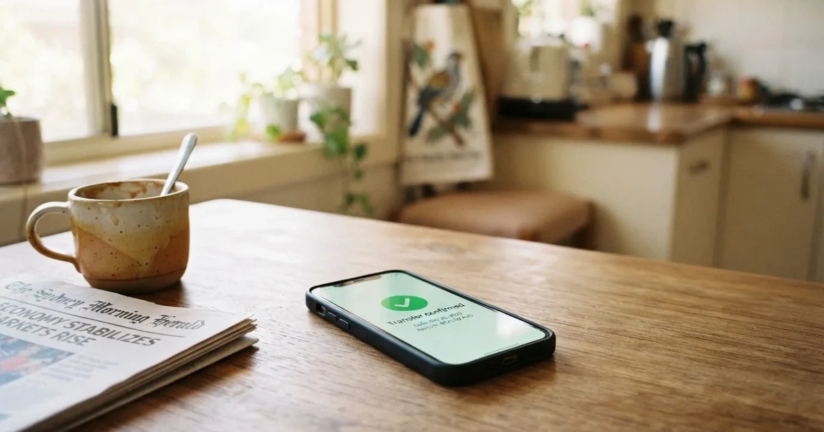 A smartphone screen showing a generic bank-transfer confirmation tick, held over a kitchen table.