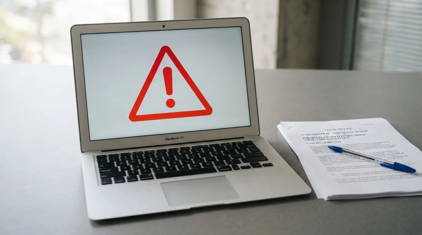 A red triangular warning sign icon on a laptop screen next to a stack of legal papers, symbolising an official caution rather than any specific website.