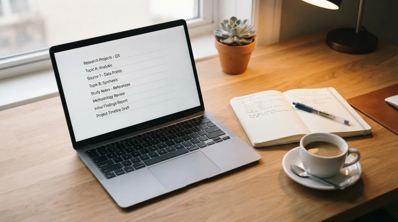 A tidy desk with a laptop open on a plain search-results page, a notebook and a coffee cup beside it, no screens showing any casino branding.