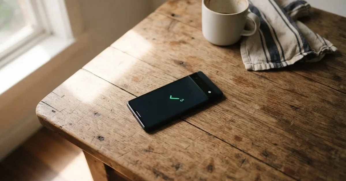 A smartphone screen showing a generic bank-transfer confirmation tick, held over a kitchen table.