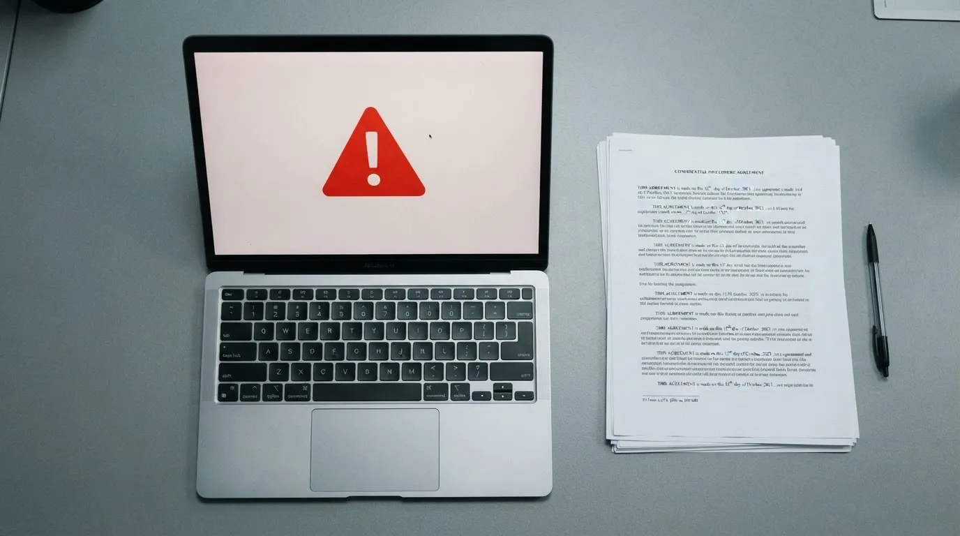A red triangular warning sign icon on a laptop screen next to a stack of legal papers, symbolising an official caution rather than any specific website.