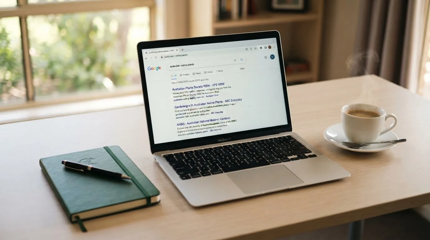 A tidy desk with a laptop open on a plain search-results page, a notebook and a coffee cup beside it, no screens showing any casino branding.