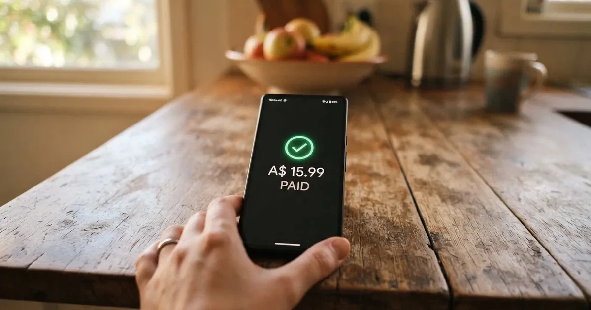 A smartphone screen showing a generic bank-transfer confirmation tick, held over a kitchen table.