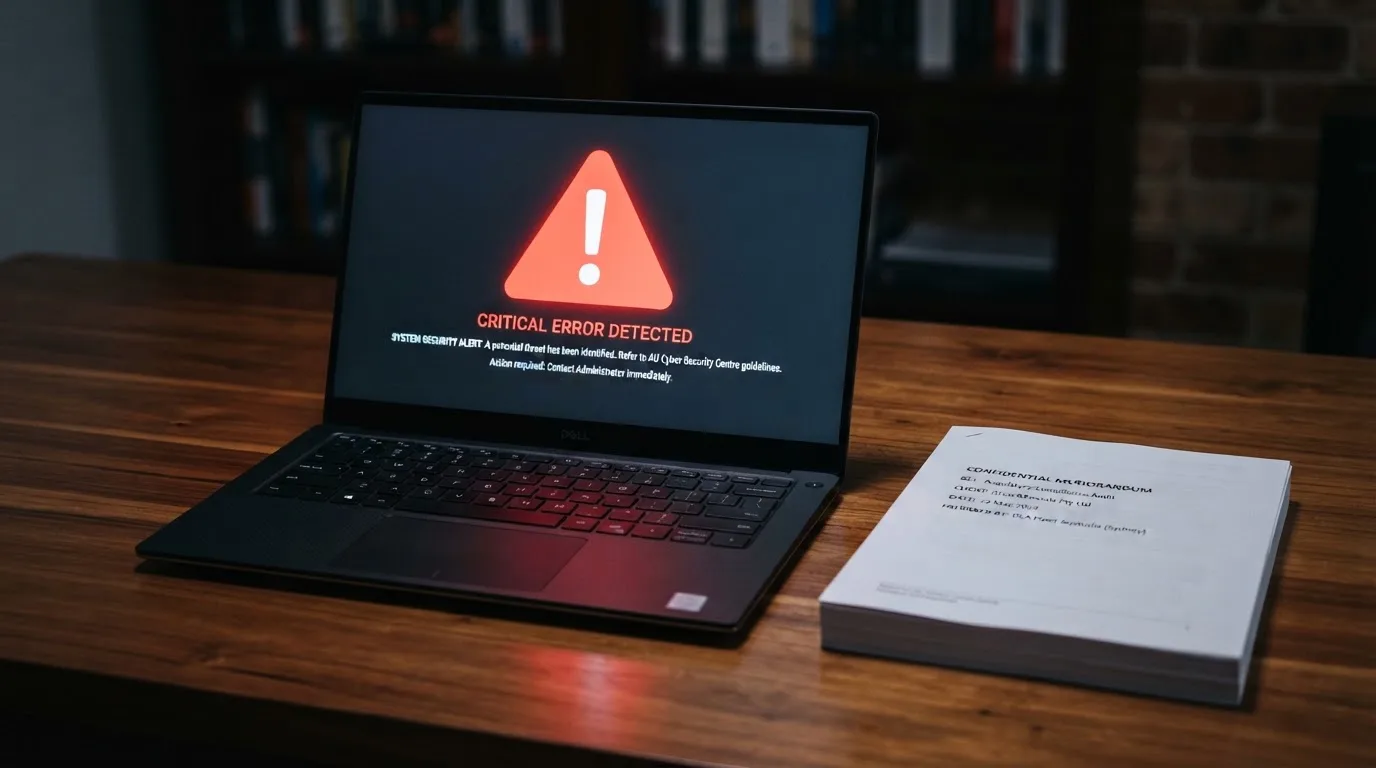 A red triangular warning sign icon on a laptop screen next to a stack of legal papers, symbolising an official caution rather than any specific website.