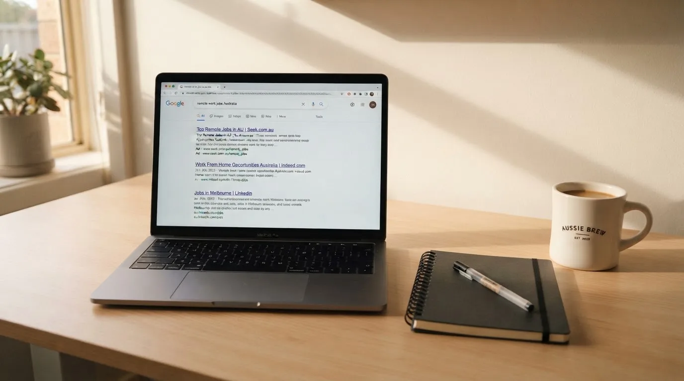 A tidy desk with a laptop open on a plain search-results page, a notebook and a coffee cup beside it, no screens showing any casino branding.