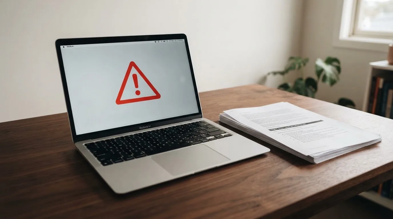 A red triangular warning sign icon on a laptop screen next to a stack of legal papers, symbolising an official caution rather than any specific website.