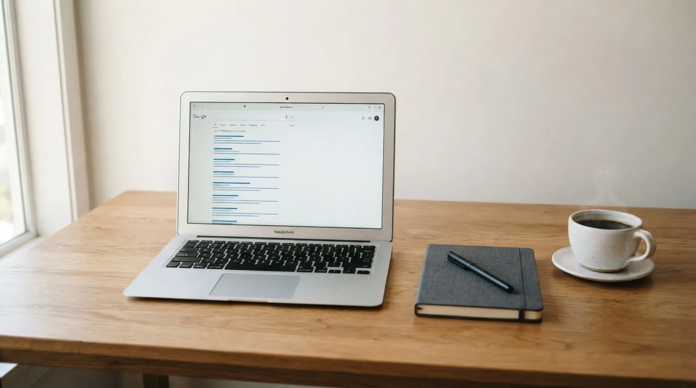 A tidy desk with a laptop open on a plain search-results page, a notebook and a coffee cup beside it, no screens showing any casino branding.