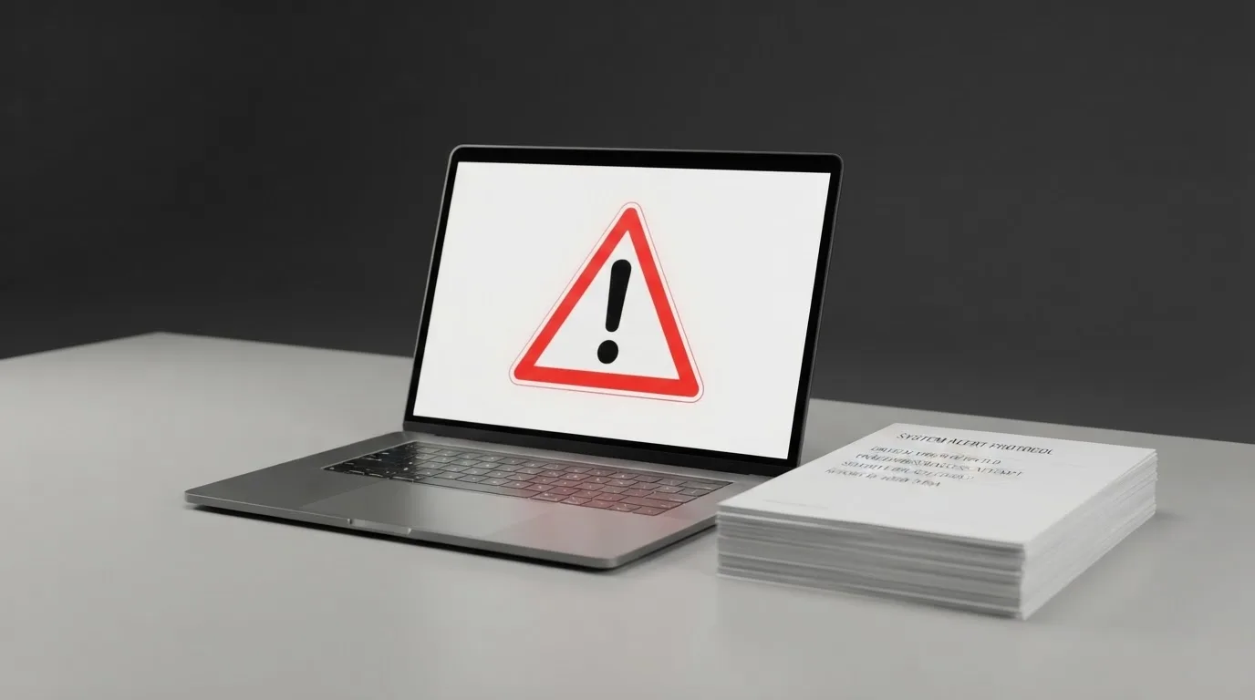 A red triangular warning sign icon on a laptop screen next to a stack of legal papers, symbolising an official caution rather than any specific website.