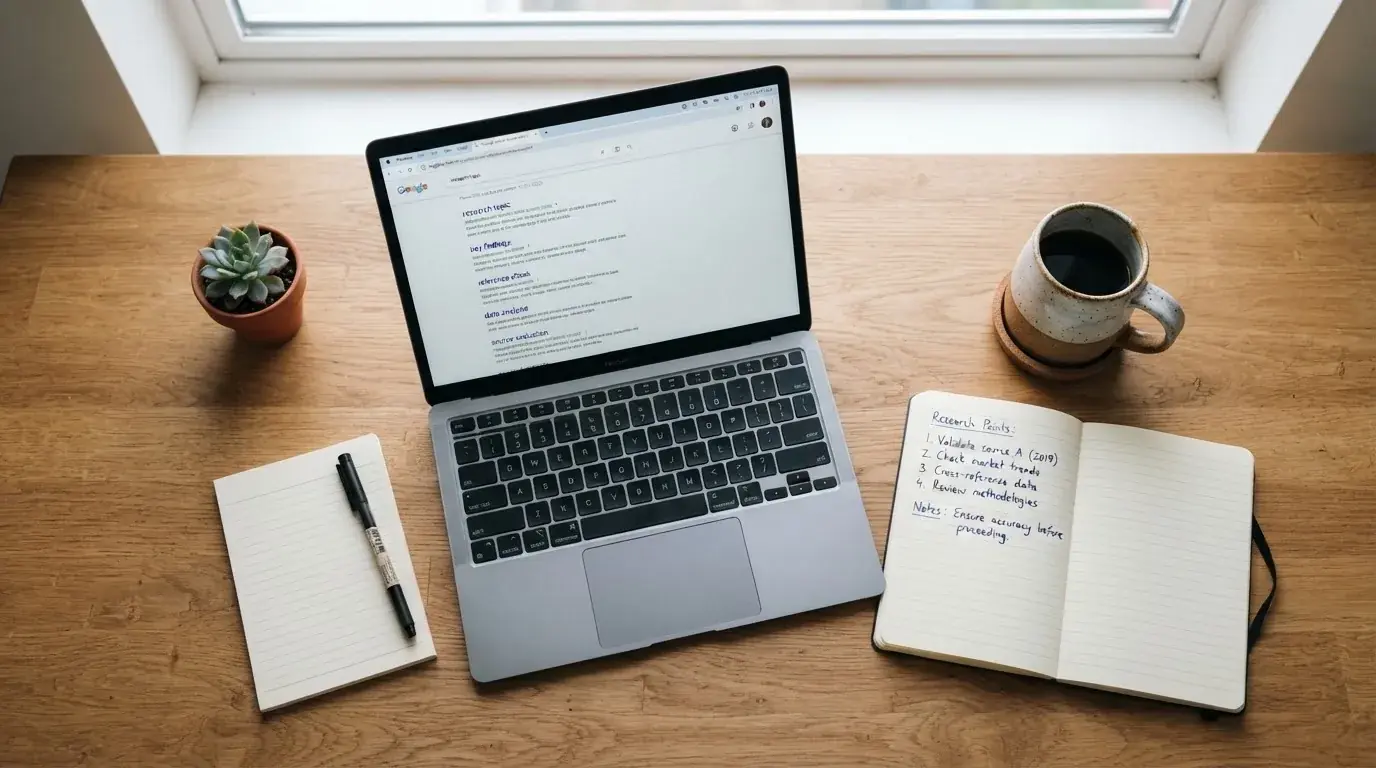 A tidy desk with a laptop open on a plain search-results page, a notebook and a coffee cup beside it, no screens showing any casino branding.