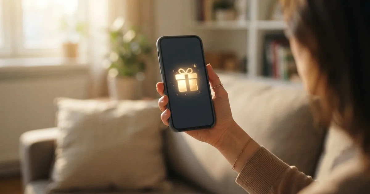 A gift box icon glowing on a phone screen, held at arm's length, suggesting an unopened offer rather than an active game.