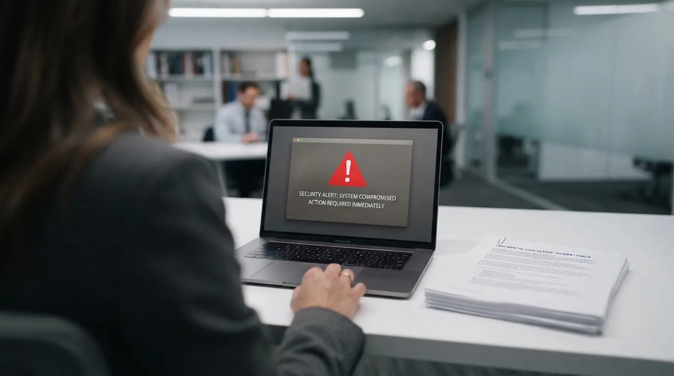 A red triangular warning sign icon on a laptop screen next to a stack of legal papers, symbolising an official caution rather than any specific website.