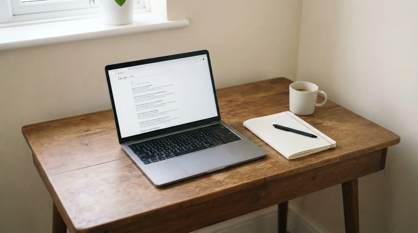 A tidy desk with a laptop open on a plain search-results page, a notebook and a coffee cup beside it, no screens showing any casino branding.