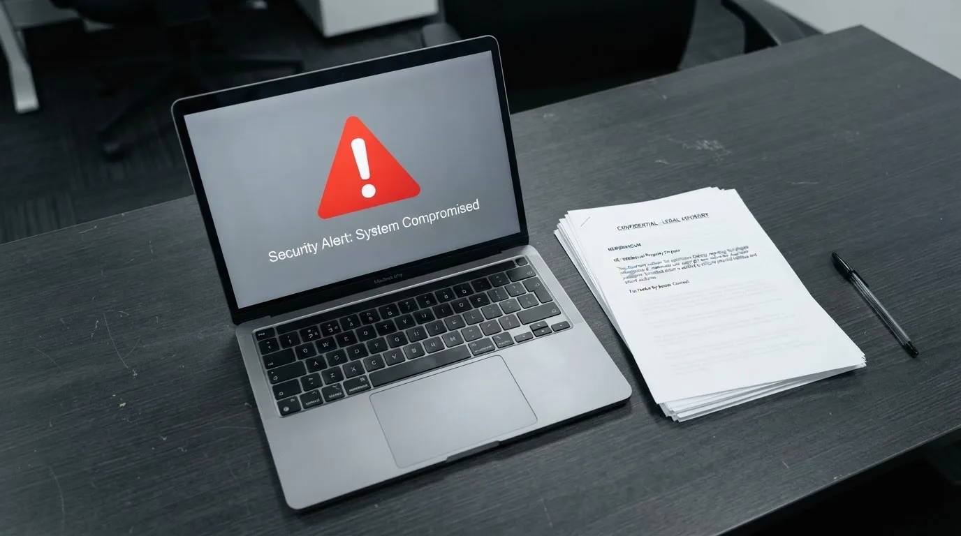 A red triangular warning sign icon on a laptop screen next to a stack of legal papers, symbolising an official caution rather than any specific website.