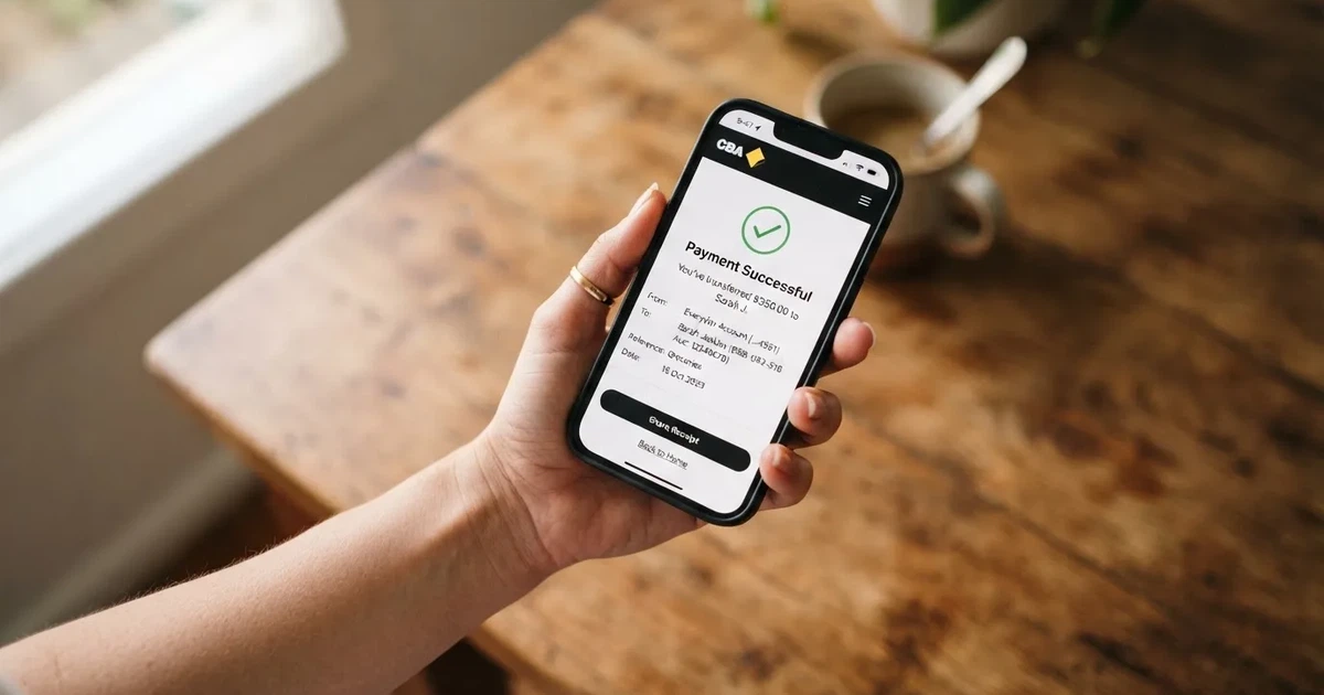 A smartphone screen showing a generic bank-transfer confirmation tick, held over a kitchen table.