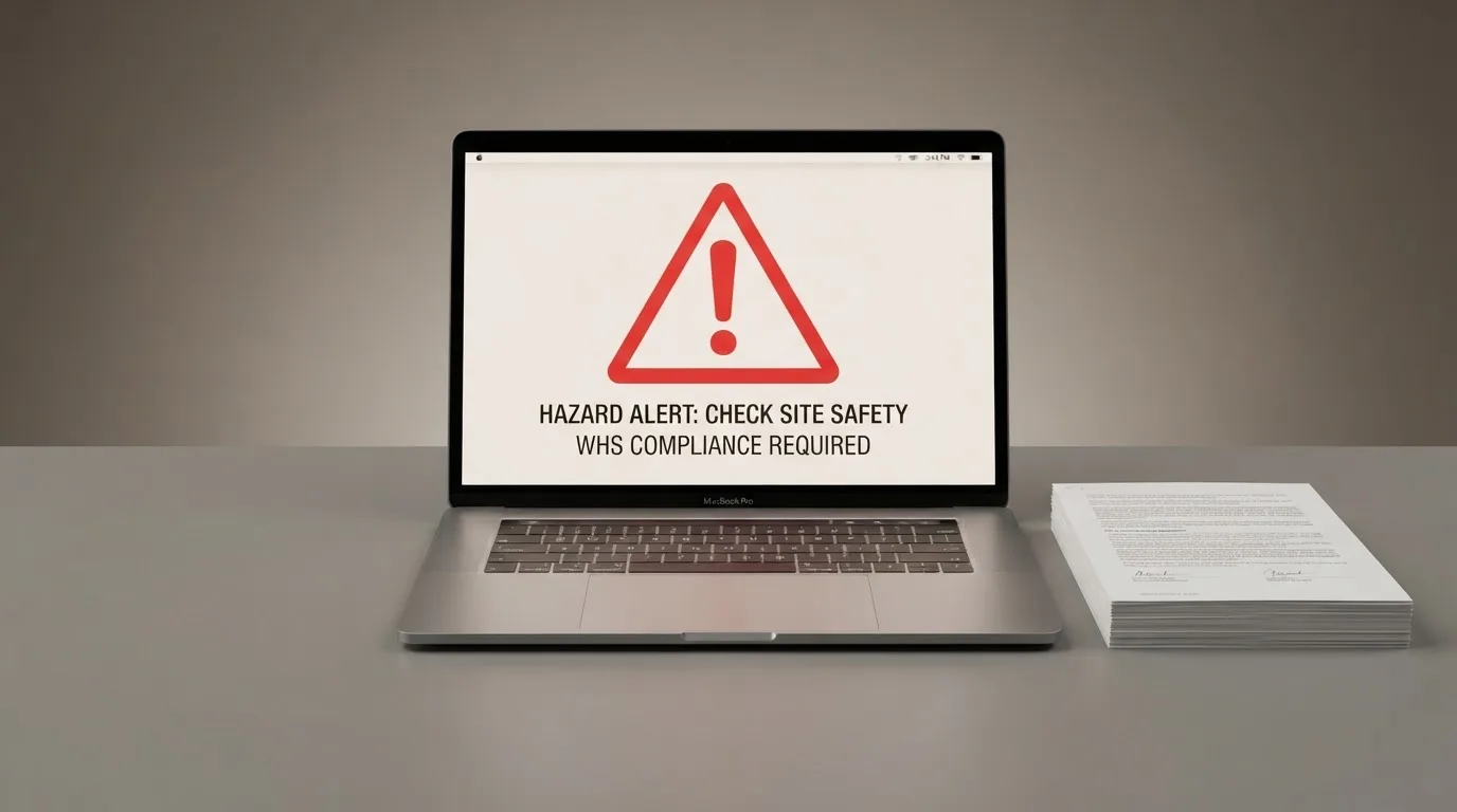 A red triangular warning sign icon on a laptop screen next to a stack of legal papers, symbolising an official caution rather than any specific website.