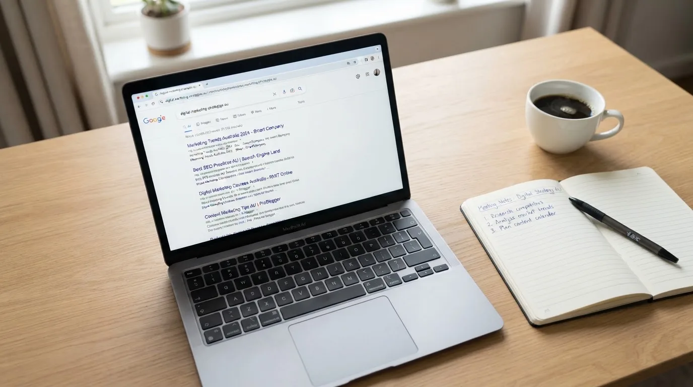 A tidy desk with a laptop open on a plain search-results page, a notebook and a coffee cup beside it, no screens showing any casino branding.