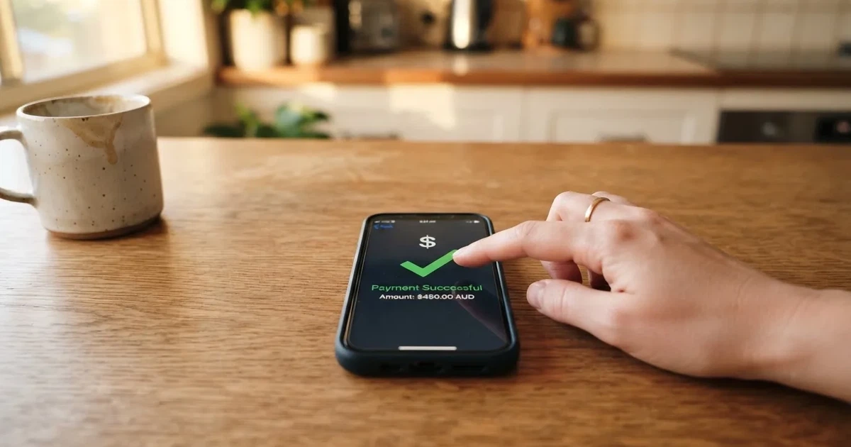 A smartphone screen showing a generic bank-transfer confirmation tick, held over a kitchen table.