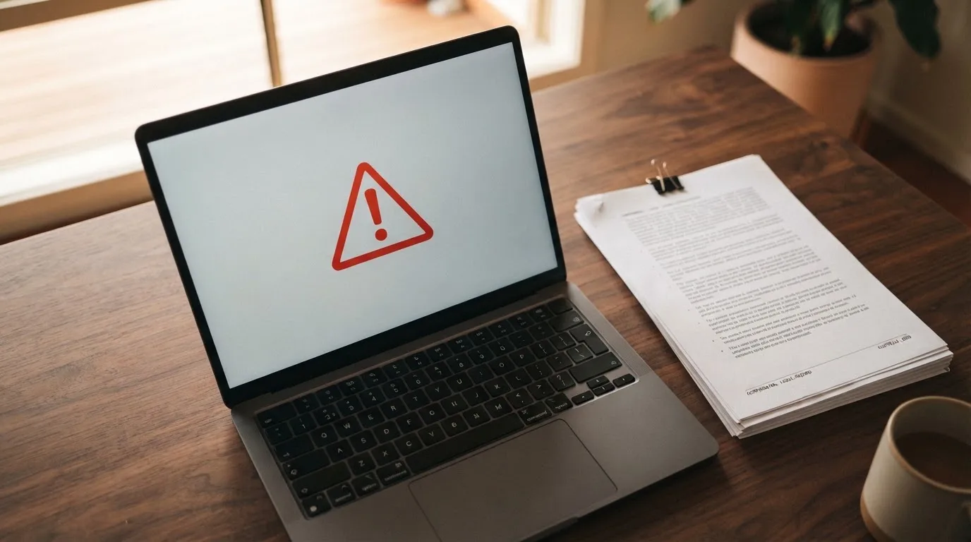 A red triangular warning sign icon on a laptop screen next to a stack of legal papers, symbolising an official caution rather than any specific website.