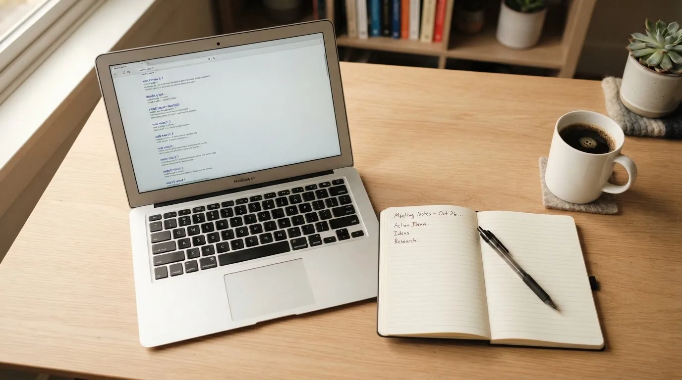 A tidy desk with a laptop open on a plain search-results page, a notebook and a coffee cup beside it, no screens showing any casino branding.