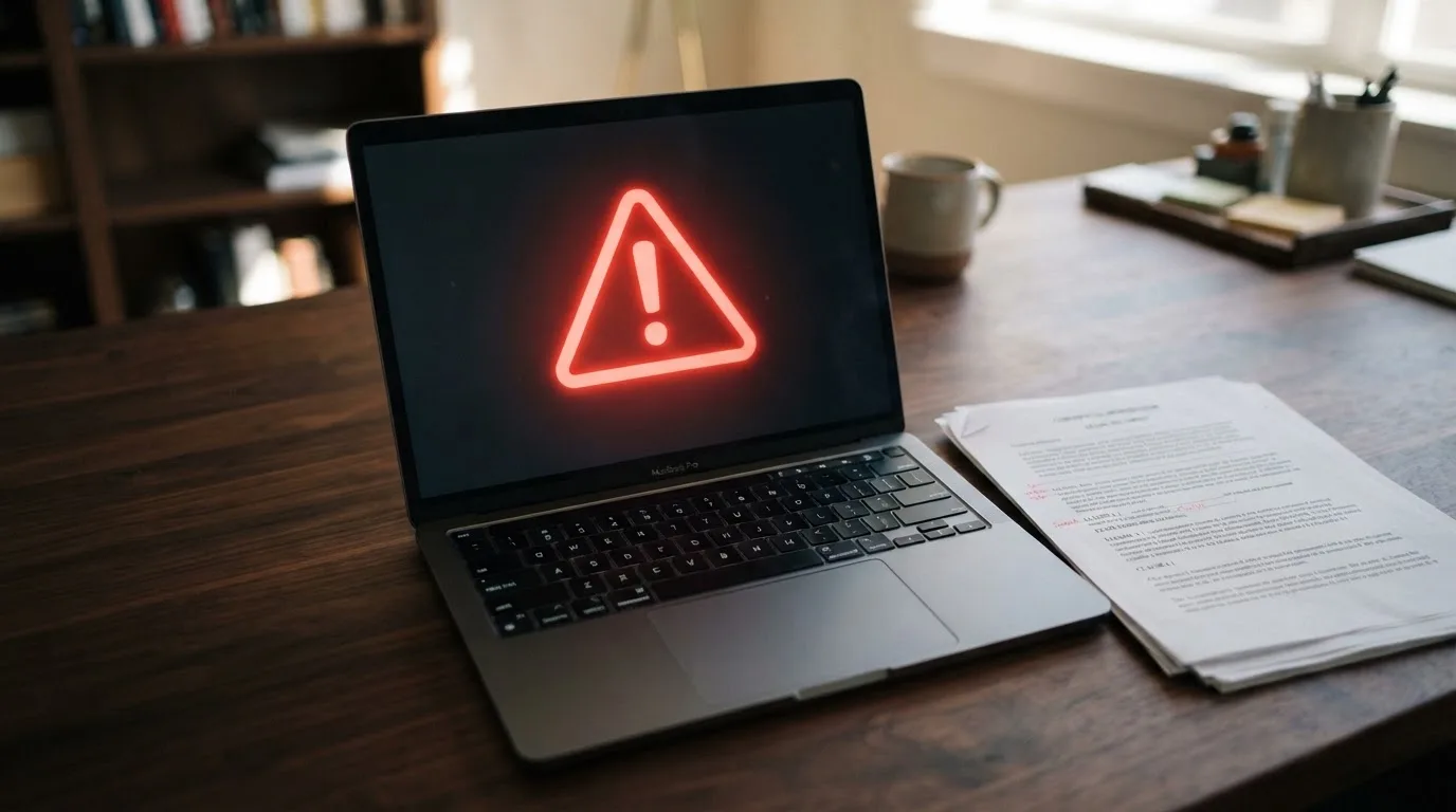 A red triangular warning sign icon on a laptop screen next to a stack of legal papers, symbolising an official caution rather than any specific website.