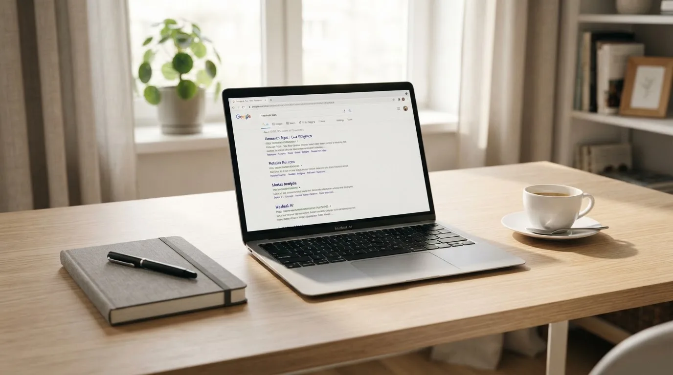 A tidy desk with a laptop open on a plain search-results page, a notebook and a coffee cup beside it, no screens showing any casino branding.