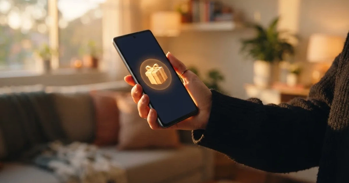 A gift box icon glowing on a phone screen, held at arm's length, suggesting an unopened offer rather than an active game.