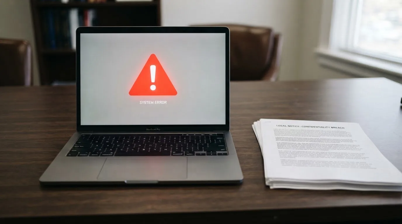 A red triangular warning sign icon on a laptop screen next to a stack of legal papers, symbolising an official caution rather than any specific website.