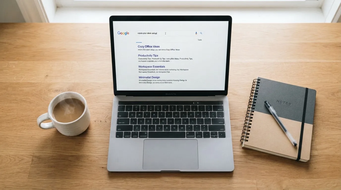 A tidy desk with a laptop open on a plain search-results page, a notebook and a coffee cup beside it, no screens showing any casino branding.