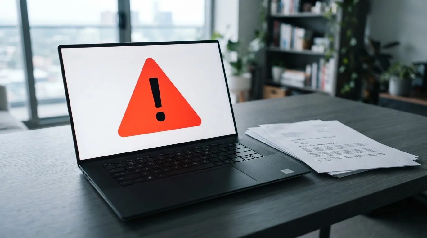 A red triangular warning sign icon on a laptop screen next to a stack of legal papers, symbolising an official caution rather than any specific website.