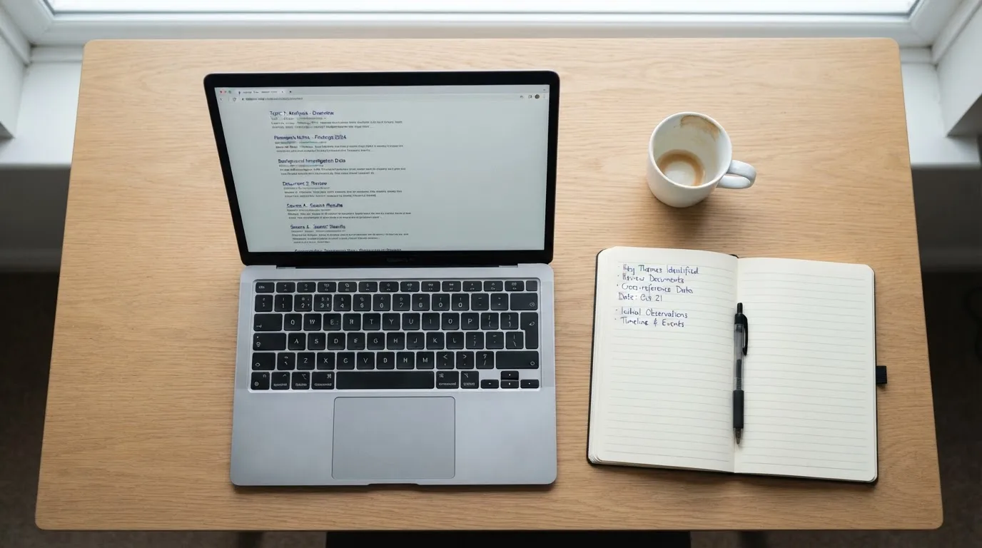 A tidy desk with a laptop open on a plain search-results page, a notebook and a coffee cup beside it, no screens showing any casino branding.